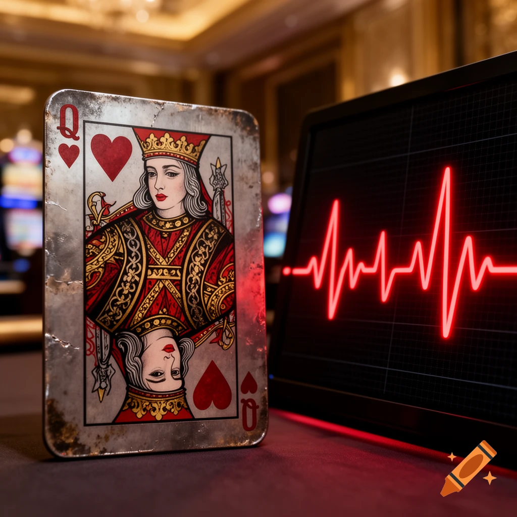A distressed Queen of Hearts playing card stands beside a monitor displaying a glowing red EKG heartbeat waveform, set in a blurry casino background.