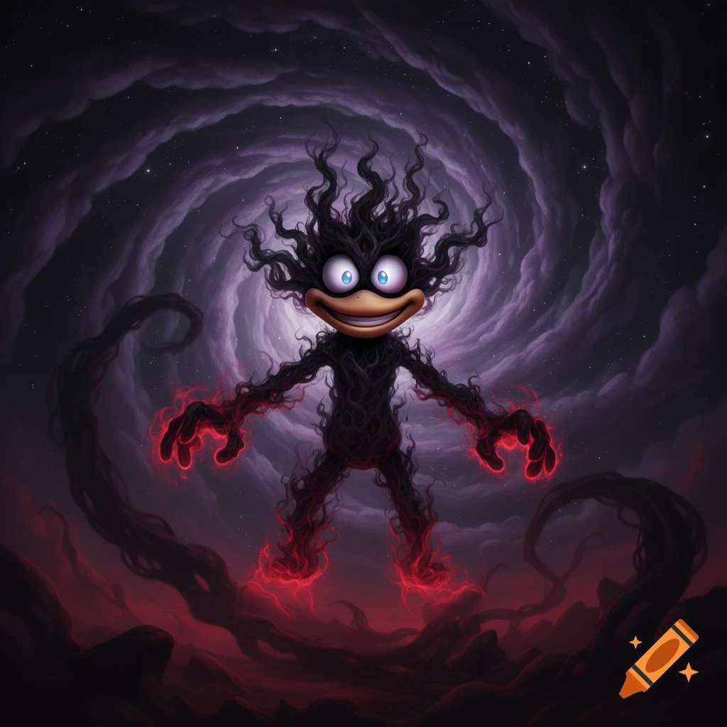 A stylized dark, shadowy creature with blue eyes, an orange mouth, and glowing red hands and feet stands against a swirling purple galaxy.