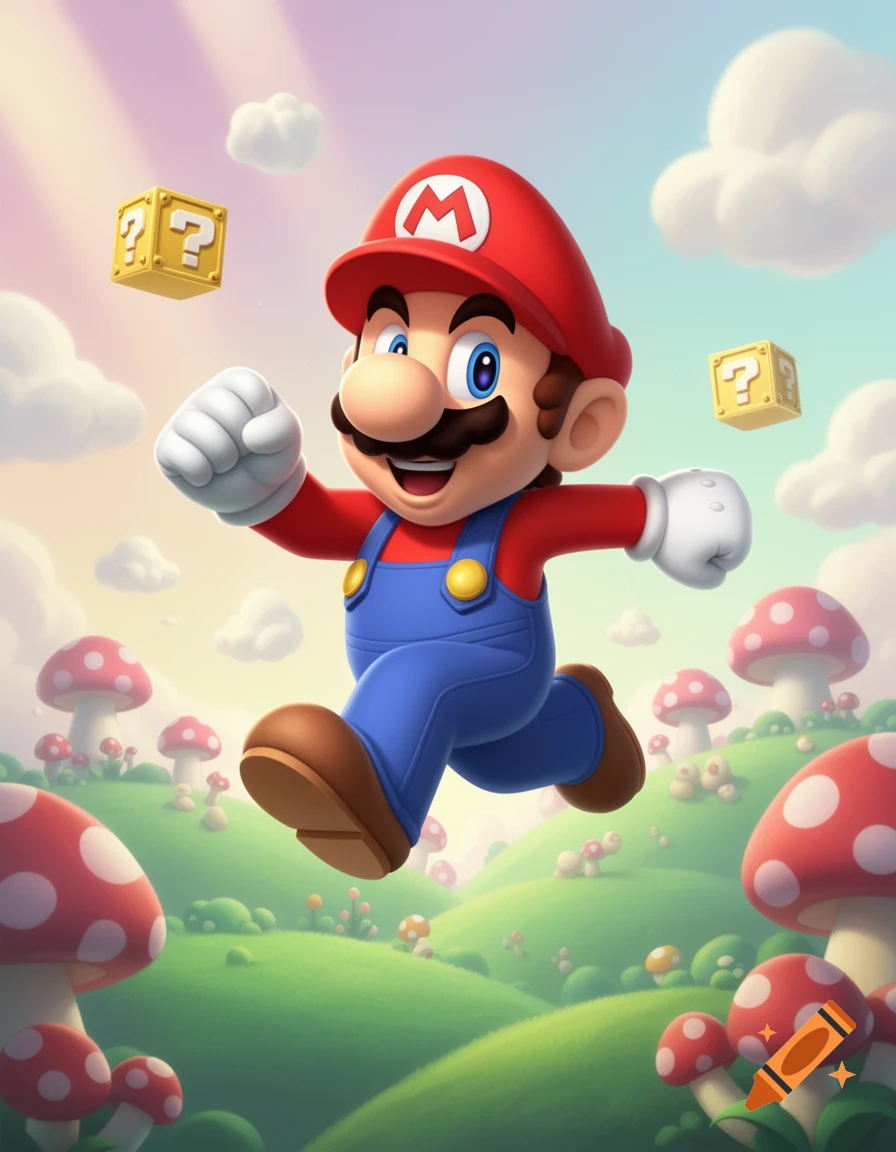 Mario running and jumping through a vibrant, cartoonish mushroom kingdom landscape with floating question mark blocks.
