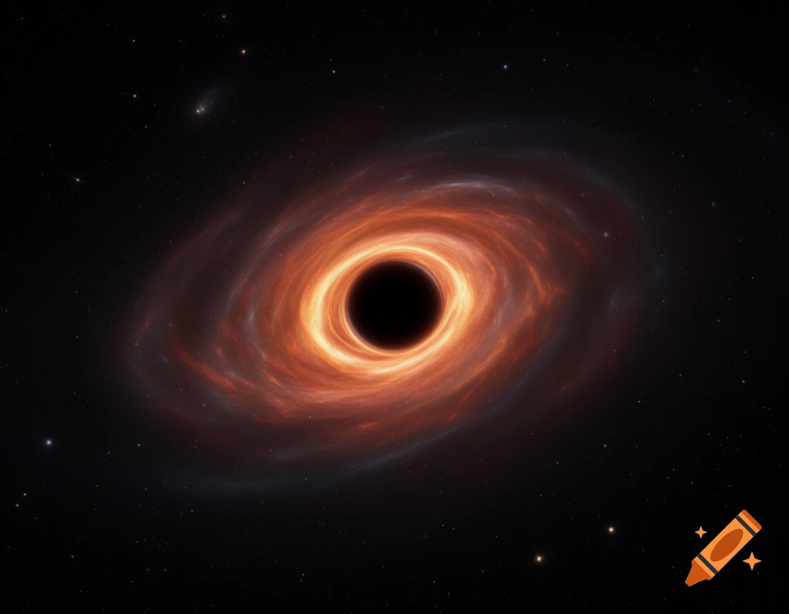 A vibrant orange and red black hole with a glowing accretion disk against a dark, star-filled cosmic background.