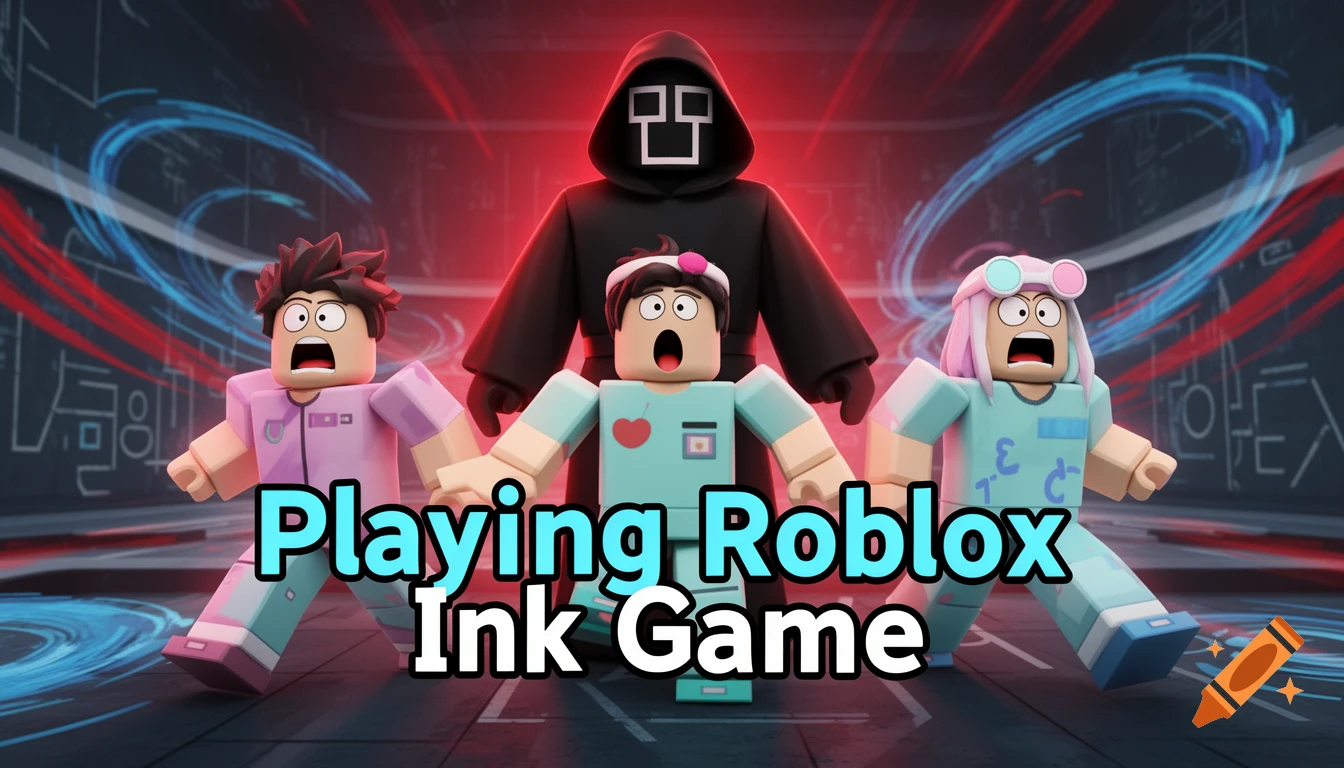 Three scared Roblox characters in a futuristic room with a hooded guard behind them, text 'Playing Roblox Ink Game'.