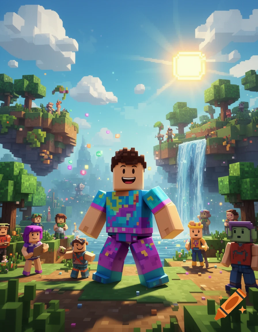 Blocky stylized characters stand in a vibrant pixelated world with floating islands, a waterfall, and a sunny sky.