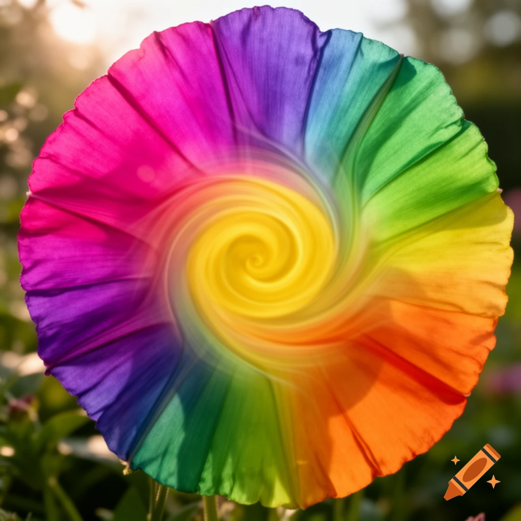 A vibrant rainbow flower with petals transitioning through the spectrum, featuring a bright yellow hypnotic spiral at its center, set against a soft green background with sunlight peeking through.