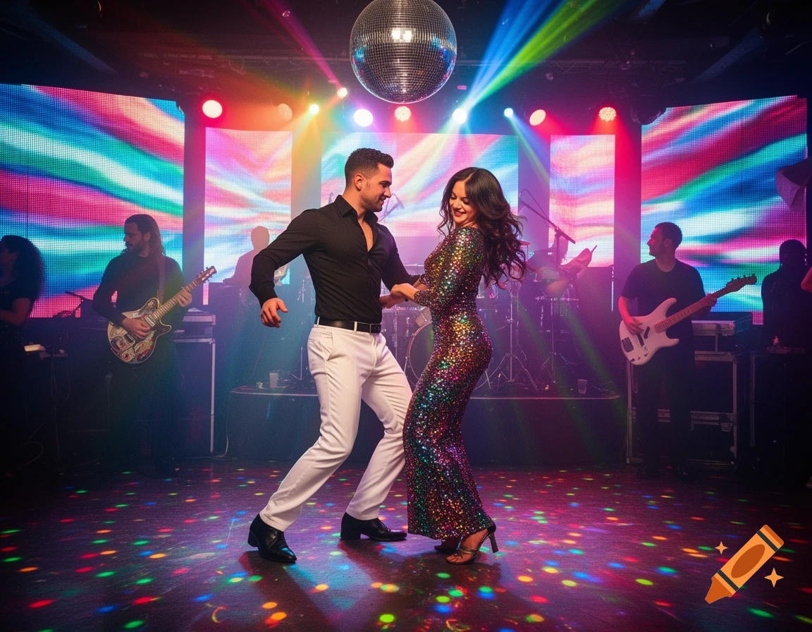 A man and woman dance in a vibrant disco with a live band and a glitter ball overhead, colorful lights reflecting on the dance floor.