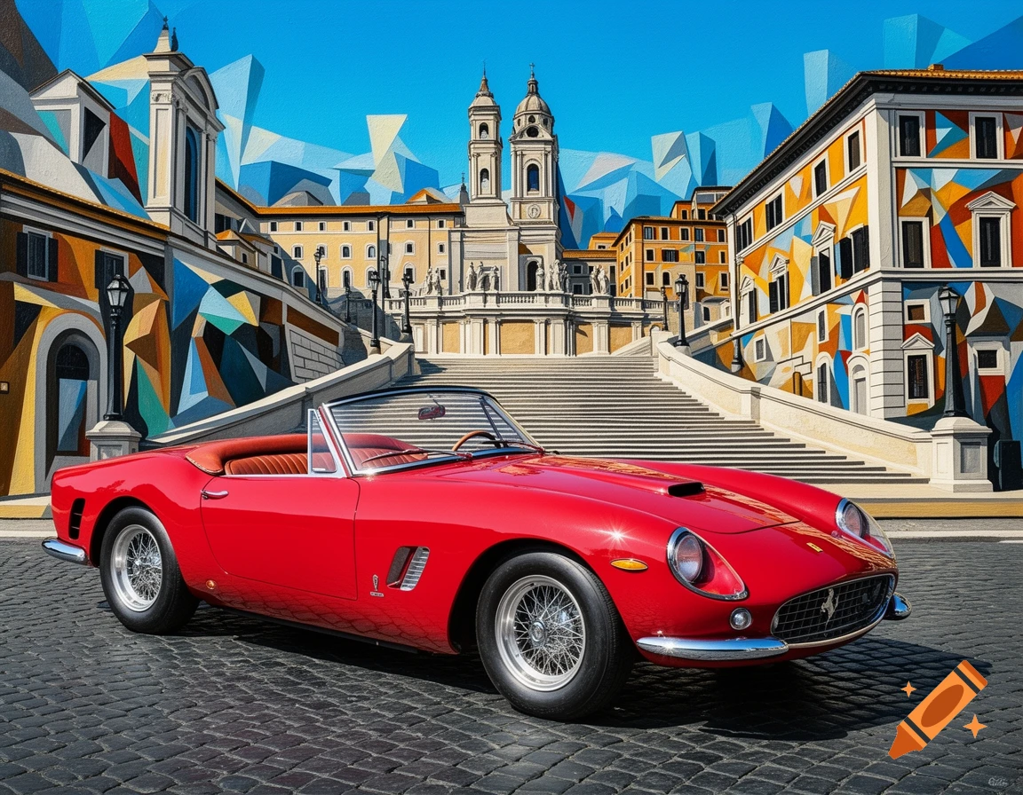 A realistic red Ferrari 250 GT California convertible parked on a cobblestone street in front of a cubist, pop art style Piazza di Spagna in Rome under a bright blue sky.