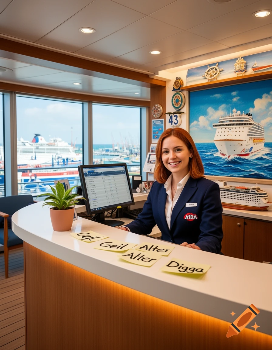 A smiling receptionist with red hair behind a desk, with sticky notes reading "Geil, Alter, Digga." A cruise ship painting and port view are in the background. The number 43 is on the wall.