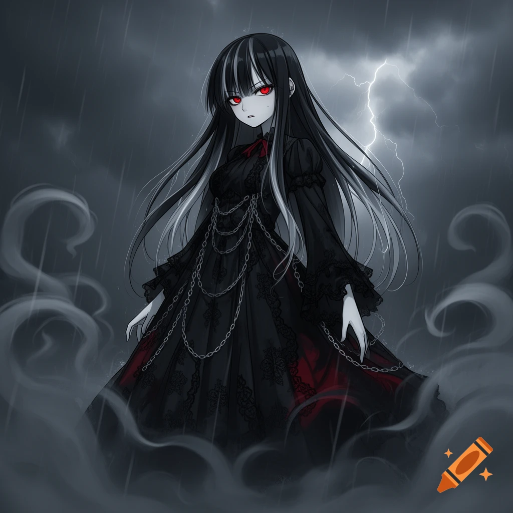 Anime girl with long black and white hair, red eyes, wearing a black gothic dress with chains in a stormy, rainy setting with lightning.