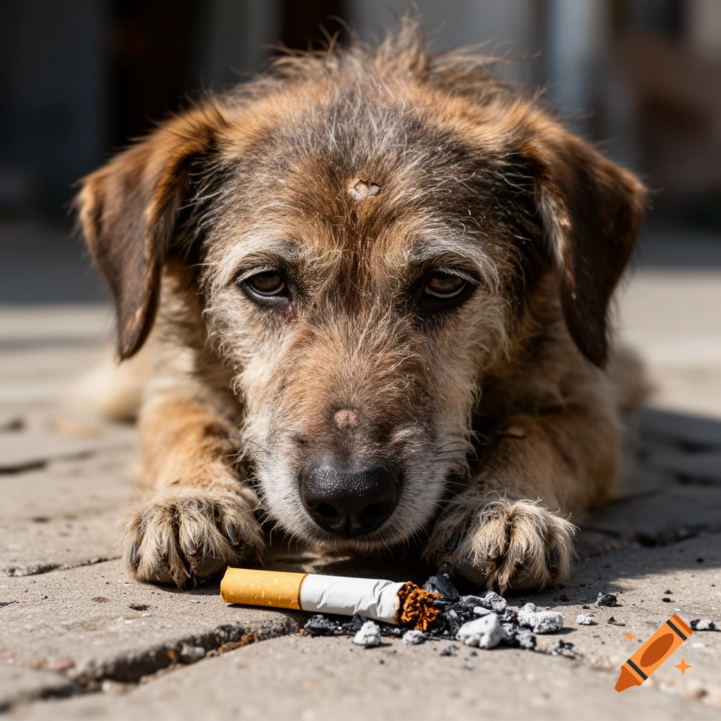 A photorealistic image of a shaggy brown dog lying on pavement, looking at the camera with a discarded cigarette butt and ash in front of it.