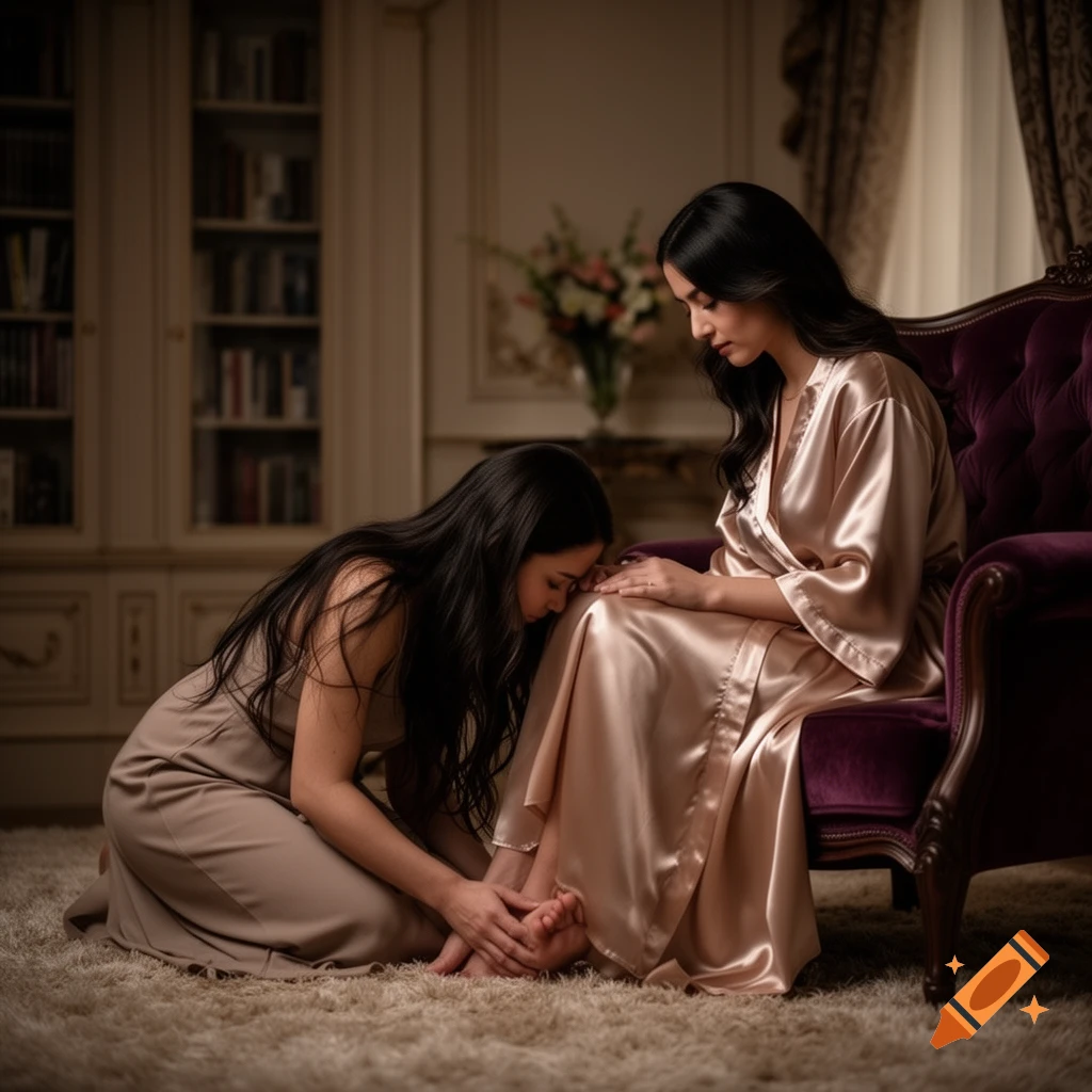 A woman kneels on a rug, holding the foot of another woman seated in a purple armchair in a luxurious room.