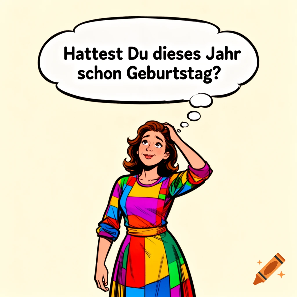 Comic illustration of a thoughtful woman scratching her head, with a thought bubble: 'Hattest Du dieses Jahr schon Geburtstag?'