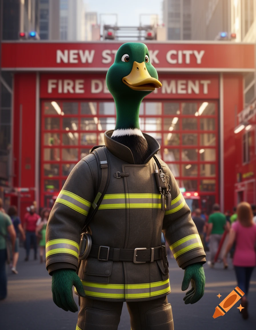 A photorealistic dark green mallard duck firefighter in uniform stands before a red fire station in a bustling city.