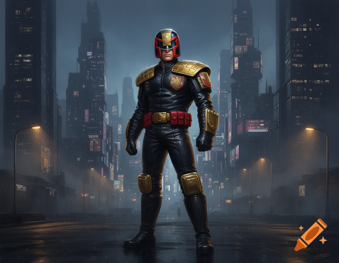 A Judge Dredd-like character in a black and gold suit stands on a wet street in a rainy, neon-lit futuristic city at night.