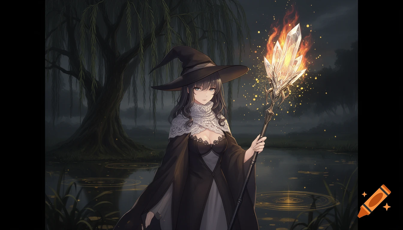 An anime witch in a dark robe and hat holds a flaming crystal staff by a willow tree and pond at night.