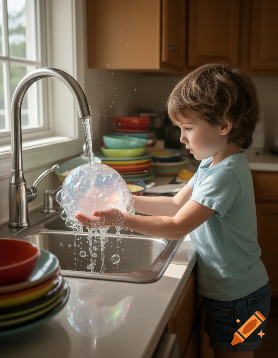 A young child in a blue shirt playing with iridescent soap bubbles under a running faucet in a kitchen sink.