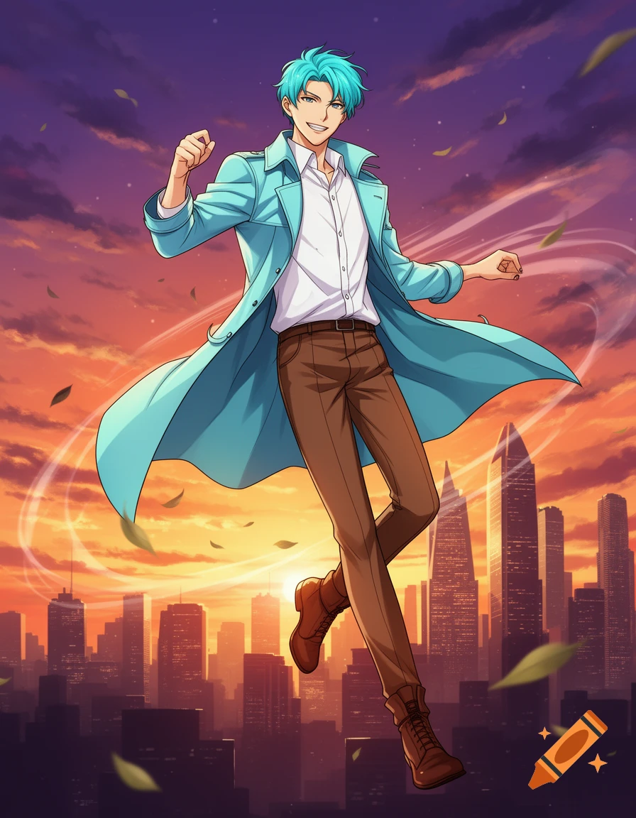 An anime man with cyan hair, white shirt, and light blue trench coat floats over a city skyline at sunset.