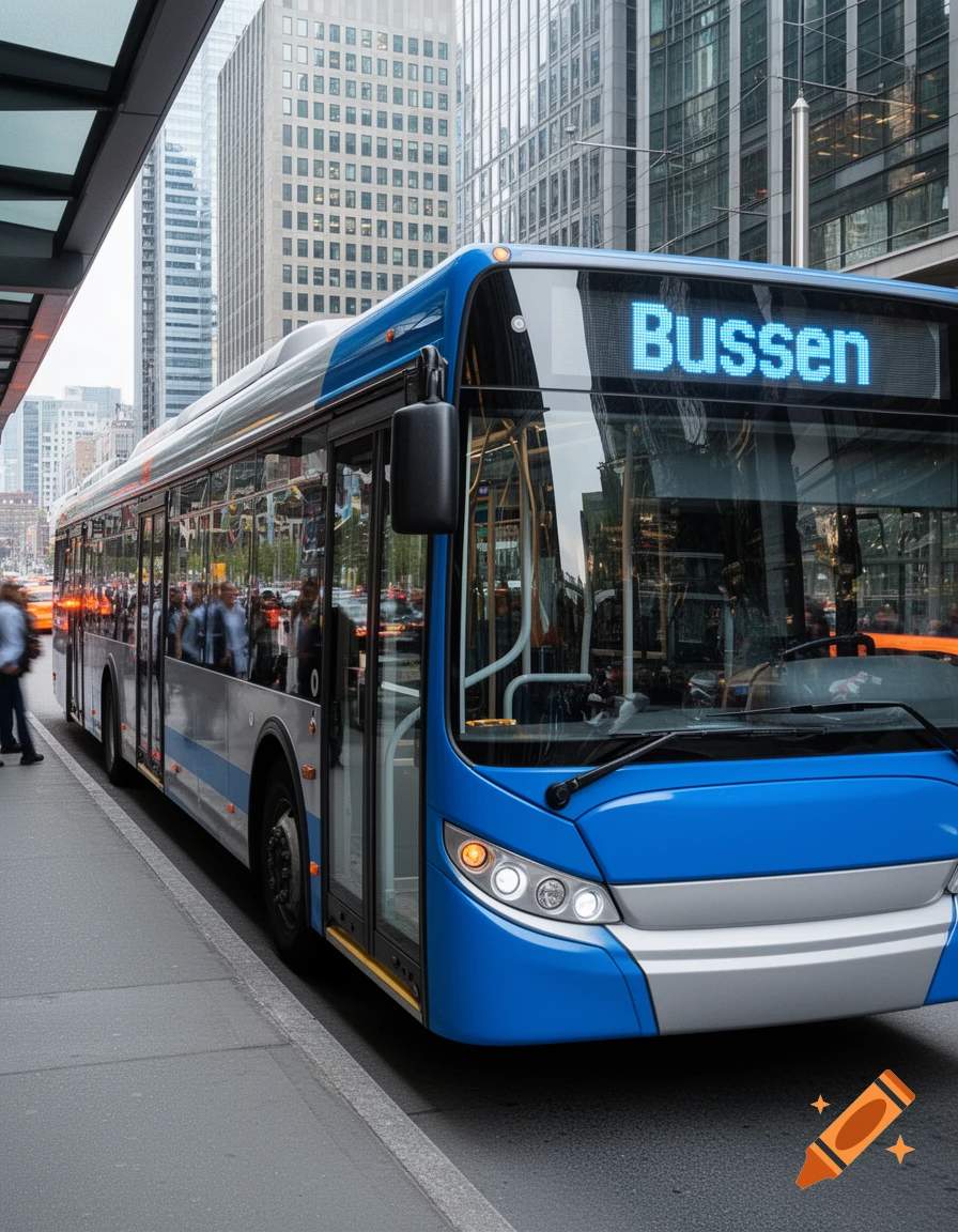 A blue and silver bus with "Bussen" on its display is parked on a city street with tall buildings in the background. Photorealistic style.