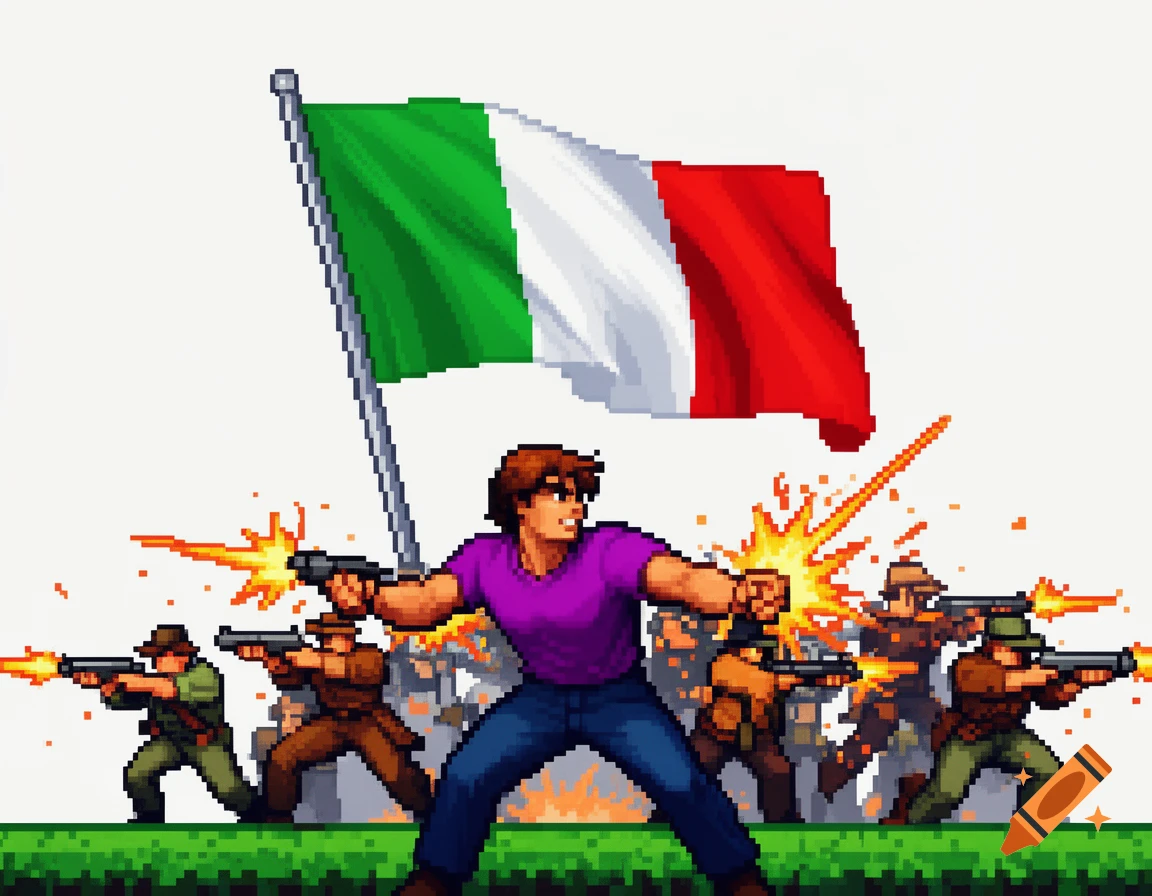 8-bit pixel art of a man in a purple shirt fighting hunters under a prominent Italian flag, with muzzle flashes and fire effects.