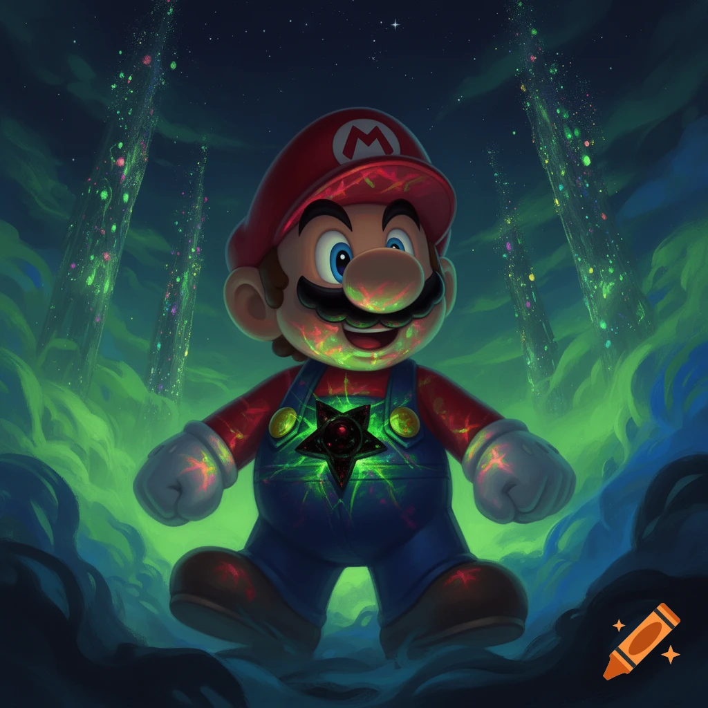 A stylized illustration of Mario with a glowing dark star in his chest, surrounded by green ethereal mist and tall structures.