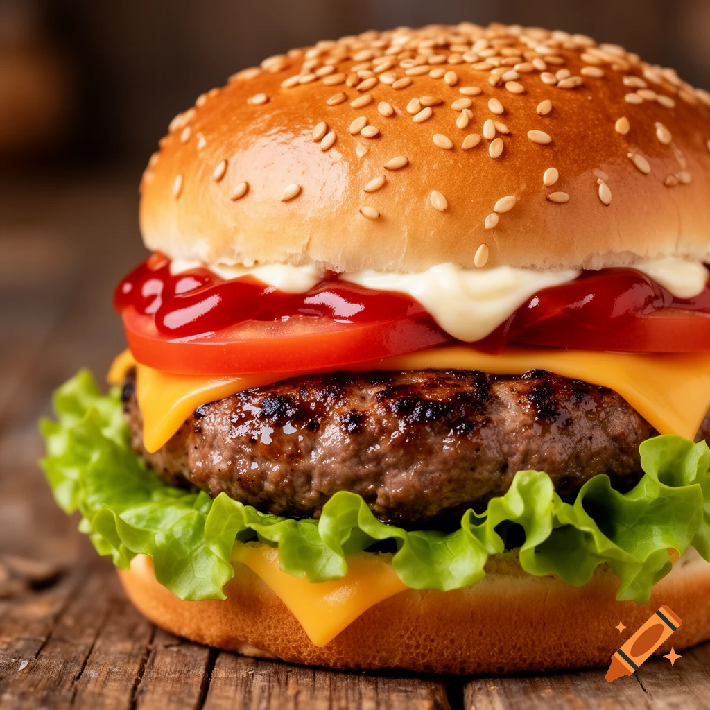 Close-up of a delicious cheeseburger with lettuce, tomato, ketchup, mayonnaise, and a sesame seed bun on a rustic wooden table.