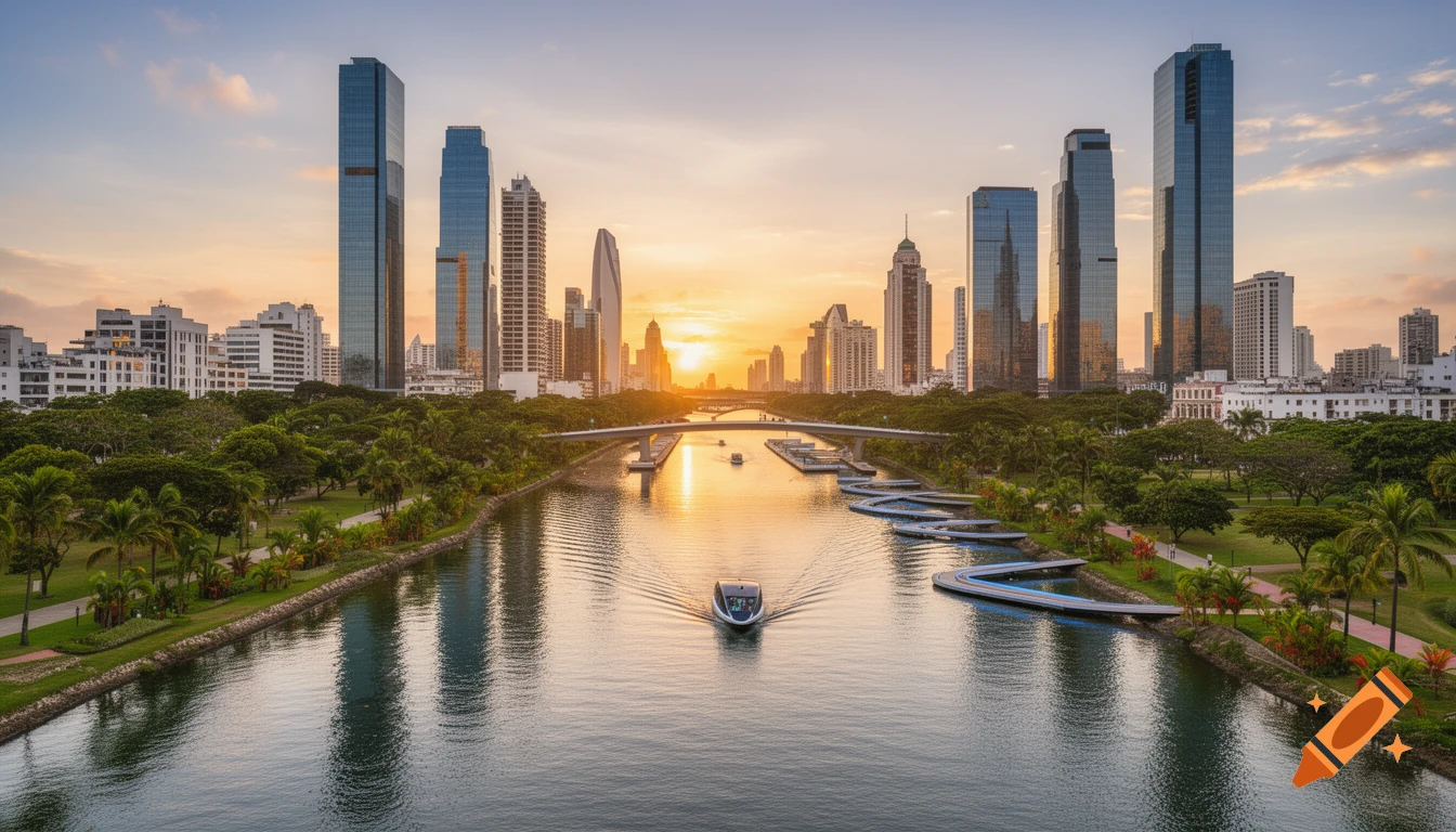 Photorealistic cityscape at sunset with modern skyscrapers, a river with a boat, green parks, and floating walkways.