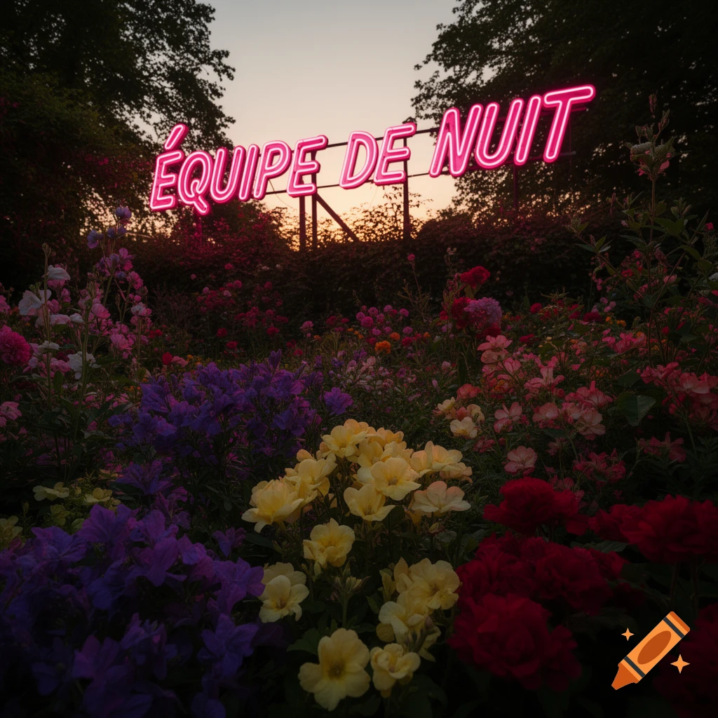 Photorealistic image of a pink neon sign 'ÉQUIPE DE NUIT' (Night Team) glowing above a colorful flower garden at dusk.