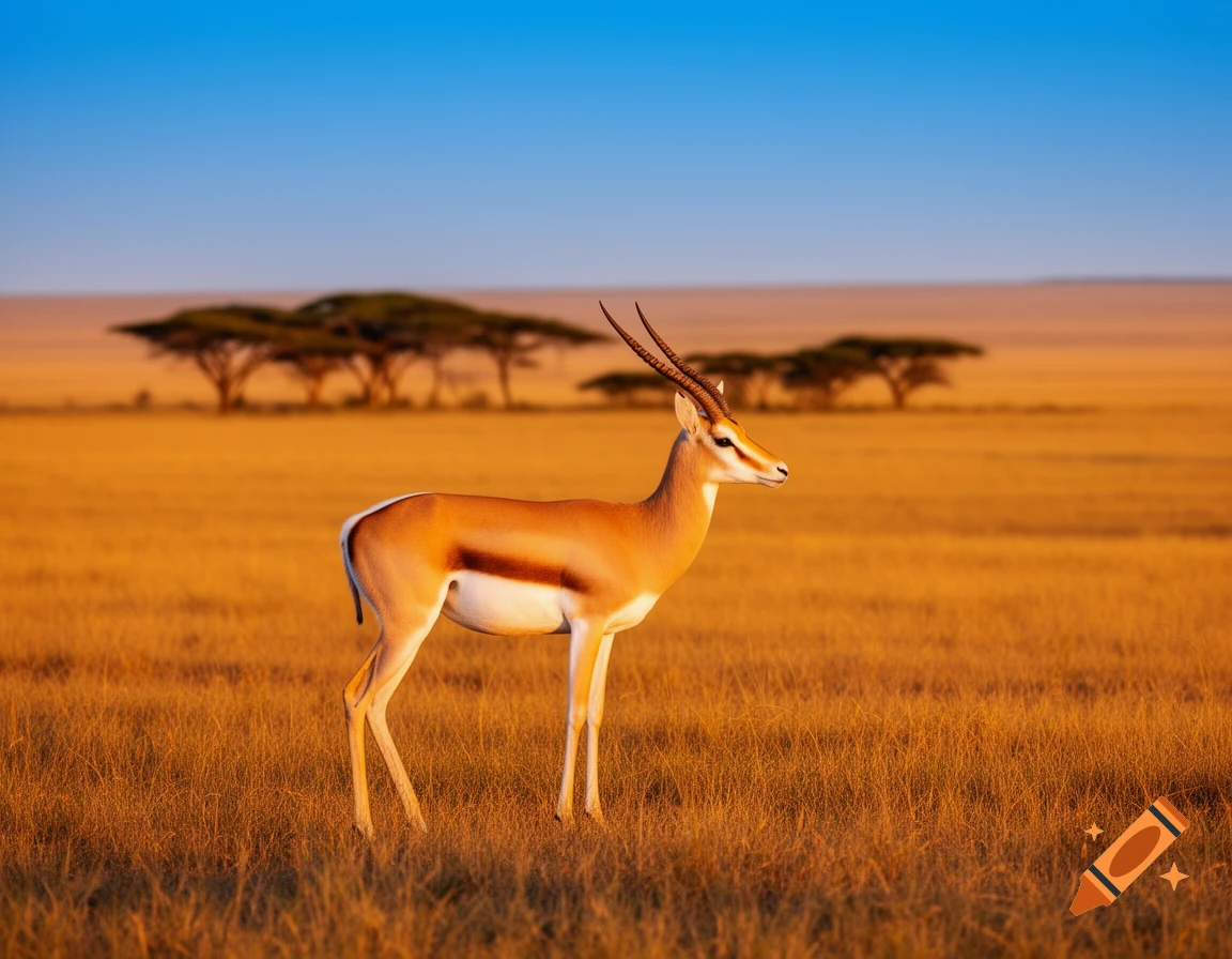 A gazelle stands in a golden savanna field under a clear blue sky, with acacia trees in the distance.