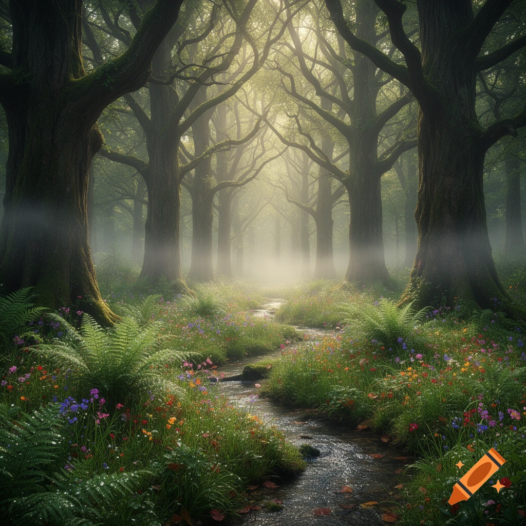 A mystical forest path winding through ancient, moss-covered trees, ferns, and colorful wildflowers, bathed in soft, misty light.