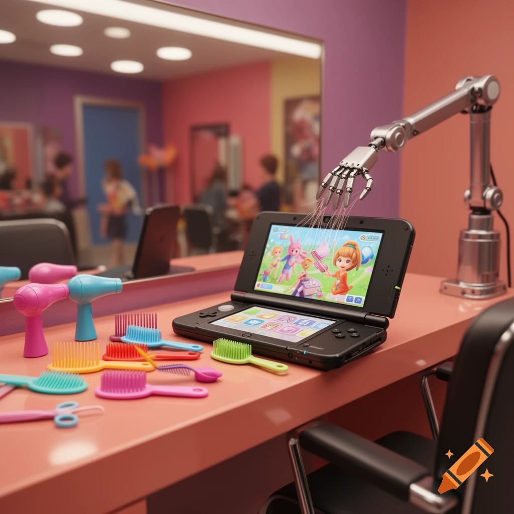 A robot arm gives a Nintendo 3DS XL a haircut on a salon counter amidst toy hair styling tools, with a blurred salon in the background.
