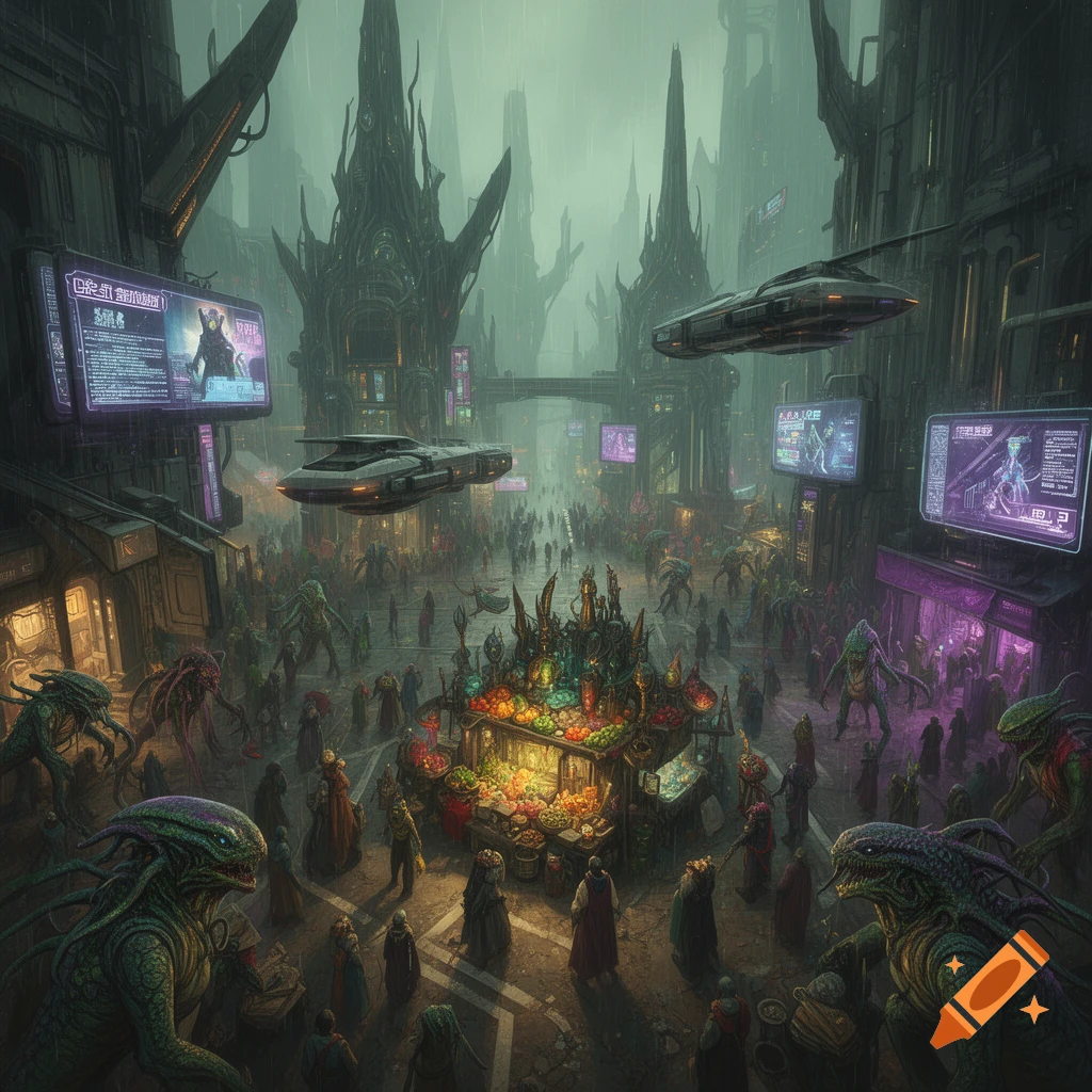 A rainy, bustling alien marketplace in a dark, futuristic city, with strange creatures, humanoids, flying vehicles, and glowing screens.