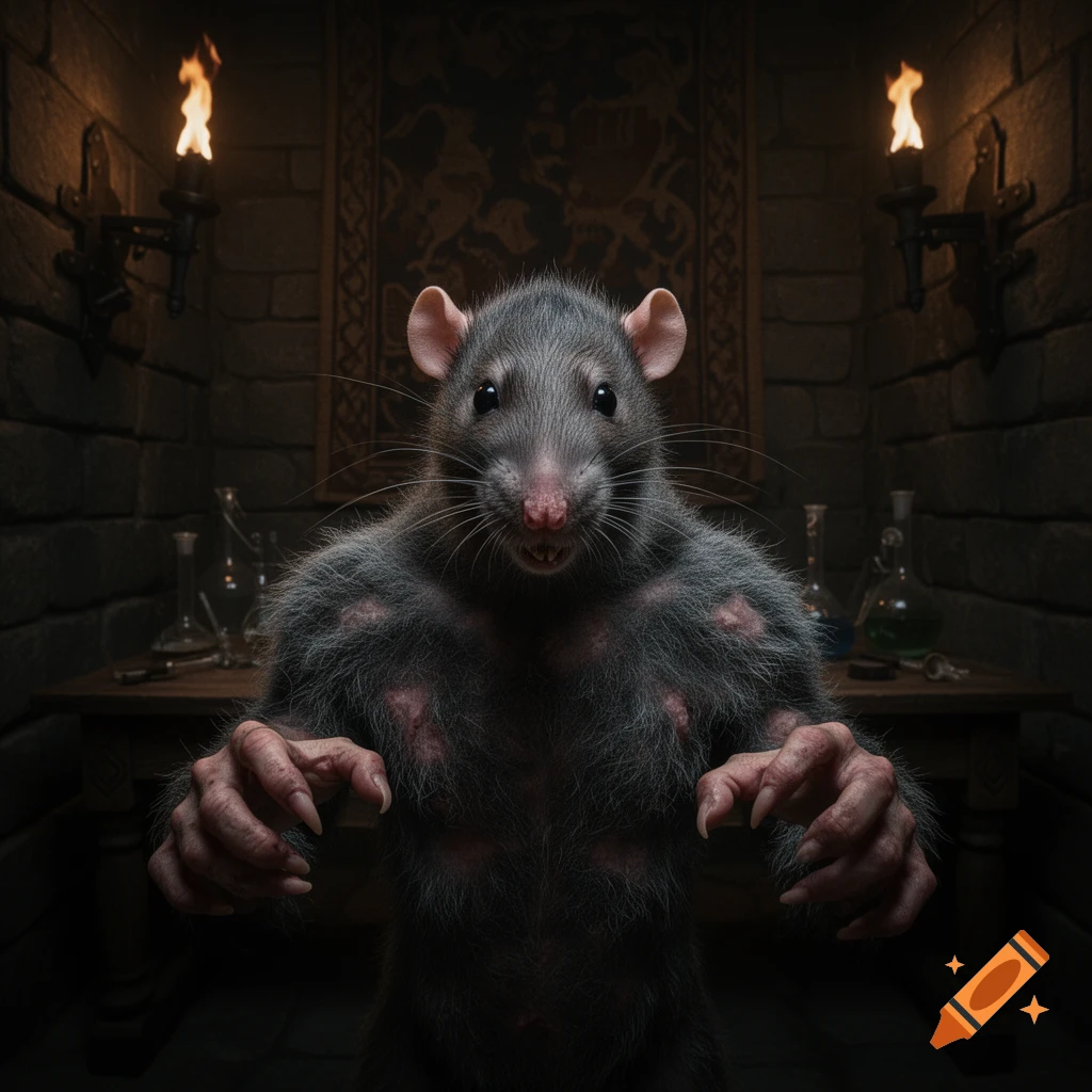 A photorealistic muscular bipedal rat stands in a dimly lit stone room with torches and alchemist flasks.