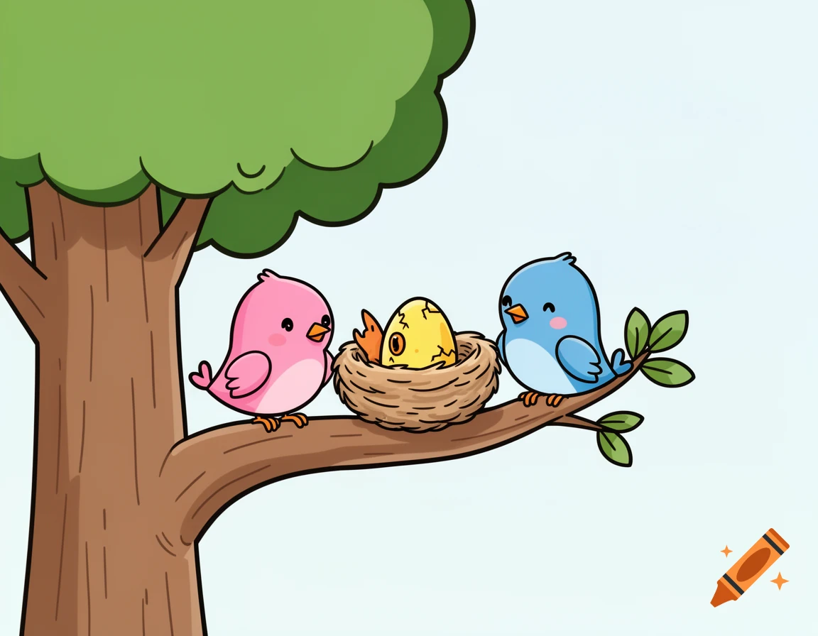 Pink and blue cartoon birds look at a hatching yellow egg in a nest on a tree branch, in a flat preschool illustration style.