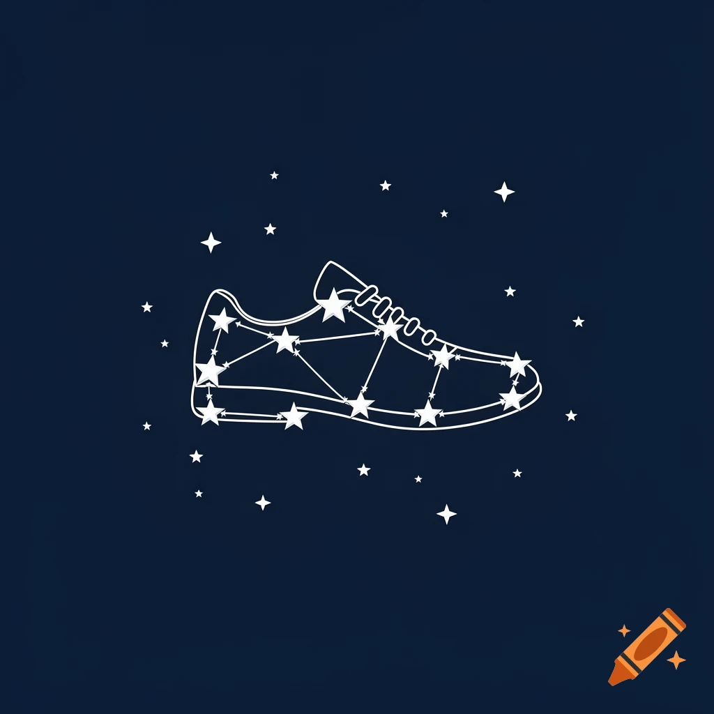 A white outline of a running shoe forms a constellation with stars and connecting lines against a dark blue background with smaller stars.