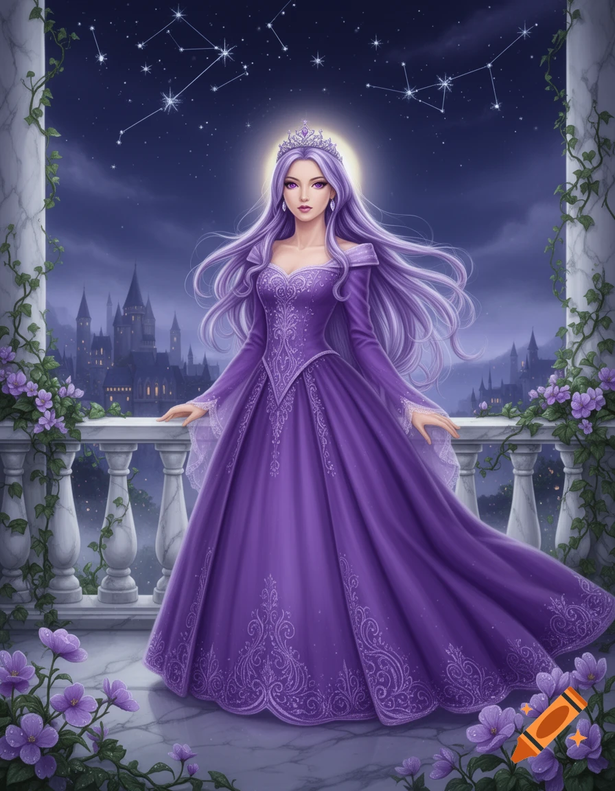 A beautiful fantasy princess with long purple hair and a shimmering purple gown stands on a moonlit balcony overlooking a castle, with constellations in the sky.