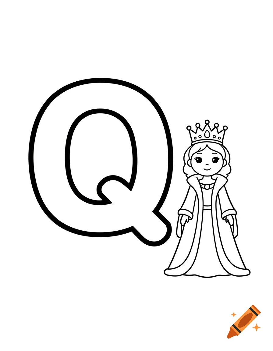 Black and white coloring page with a large bubble letter Q next to a cartoon queen in a crown and regal dress.