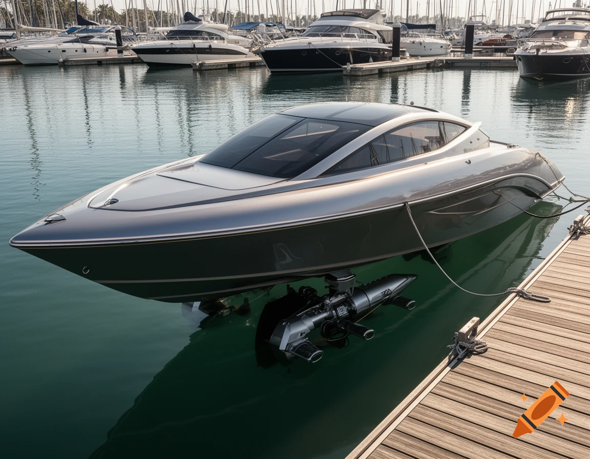 A modern, sleek gray and silver boat with a unique propulsion system visible below the waterline, docked at a marina with other yachts in the background.