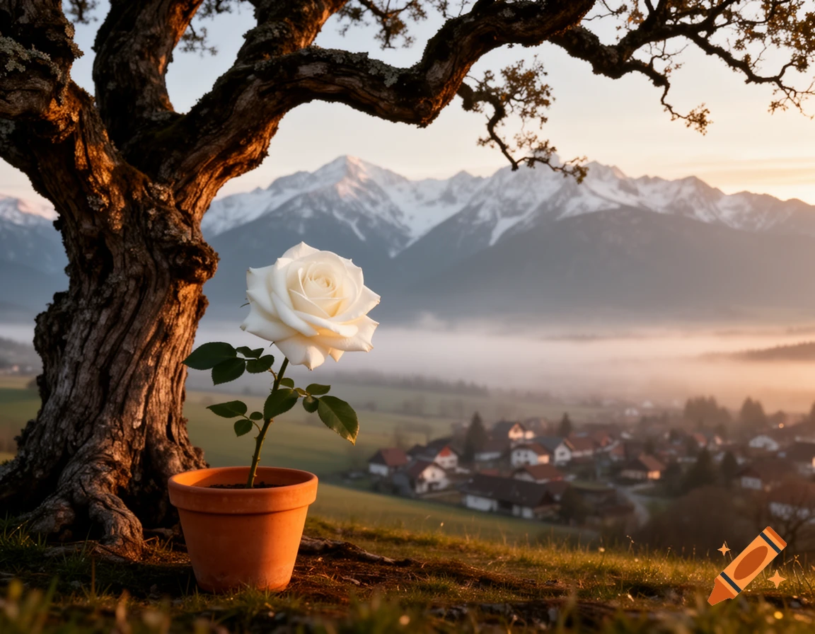 A white rose in a pot stands by a gnarled tree on a hill, overlooking a foggy valley village and snowy mountains at sunrise.