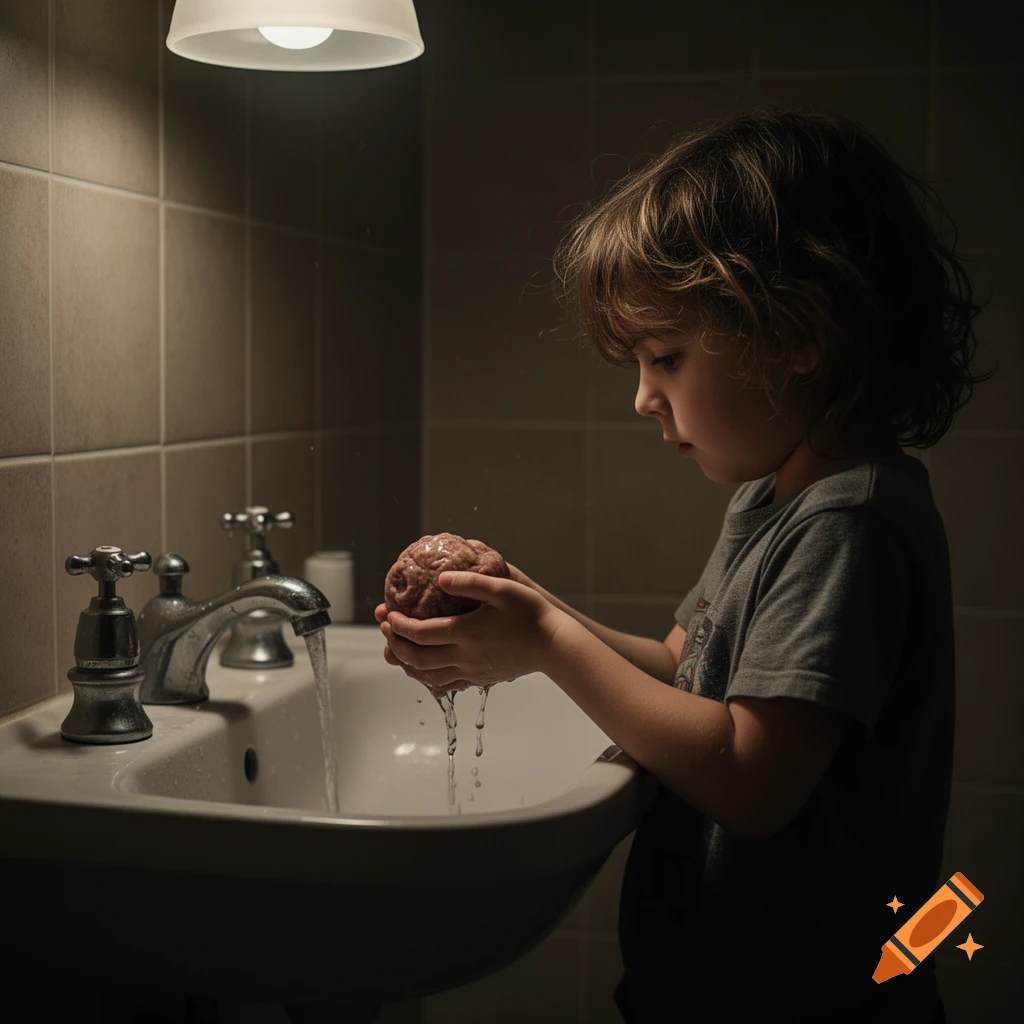 A young child intently washes a fleshy, brain-like object under dim light in a bathroom sink, in a photorealistic style.