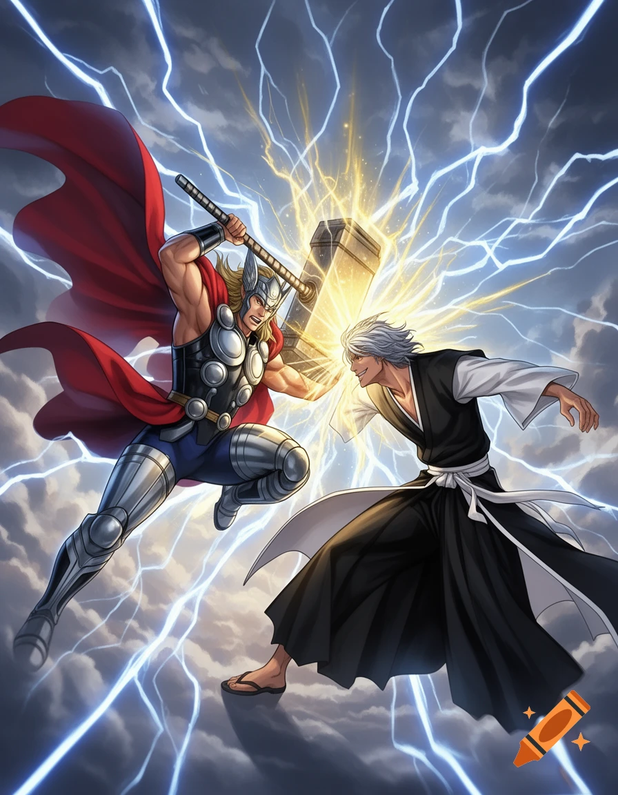 Thor battles Gin Ichimaru with Mjolnir and lightning in a dynamic anime art style.