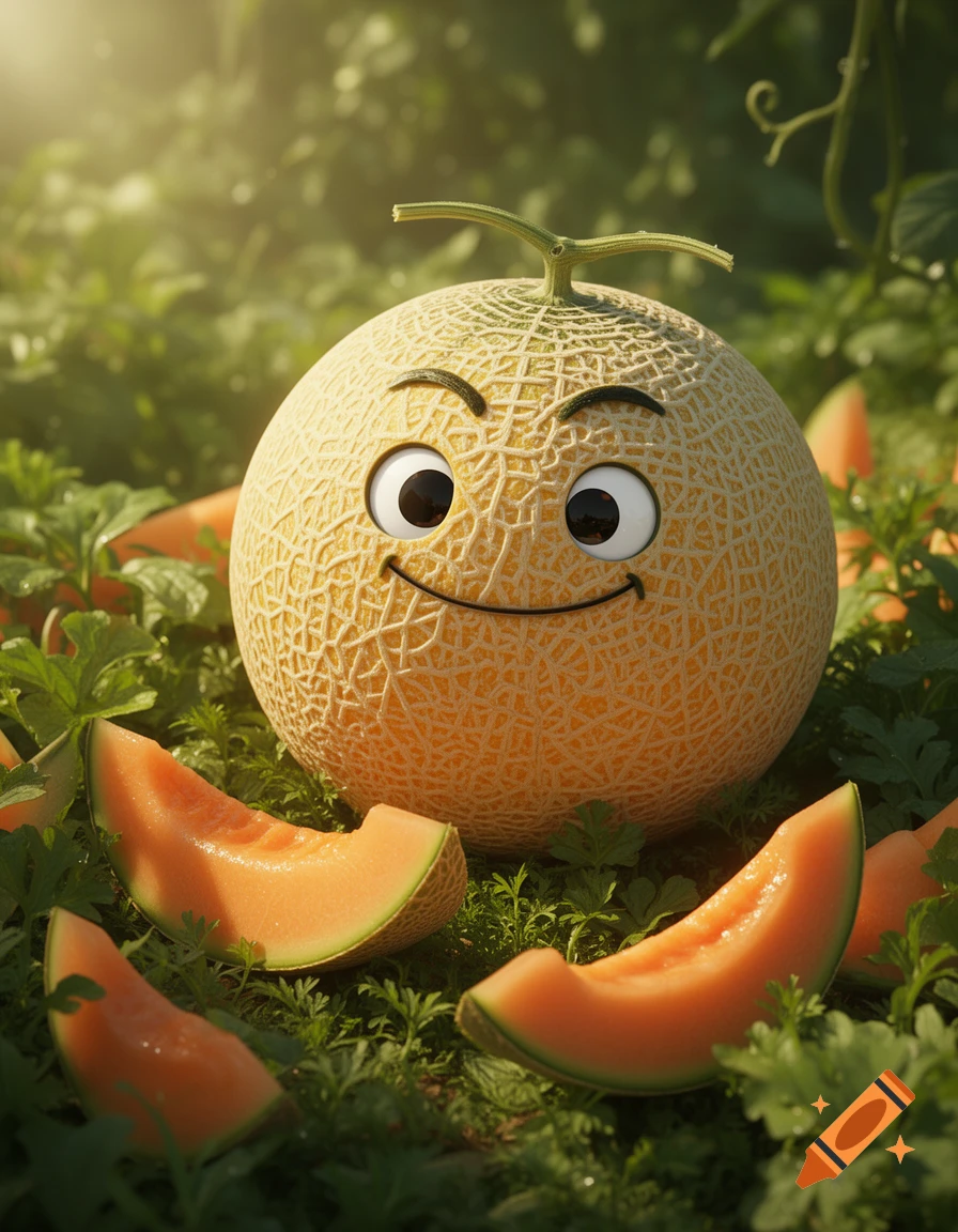 A cartoon cantaloupe with a happy face sits in a sunny green field, surrounded by cantaloupe slices.
