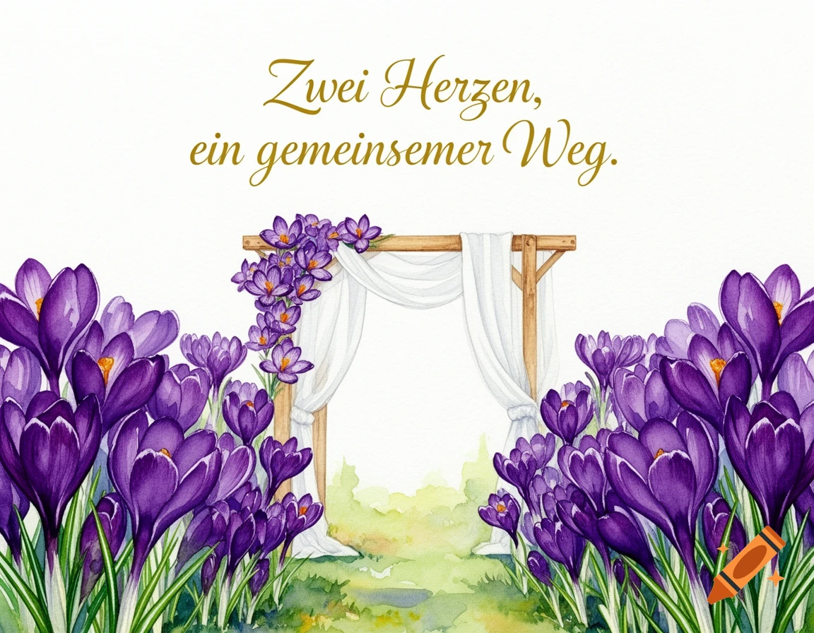 Watercolor painting of purple crocus flowers framing a white wedding arch, with golden German text at the top.