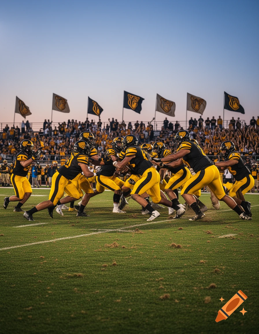 A football team in black and yellow uniforms lines up on a green field during a game, with a crowd and flags in the background under a twilight sky.