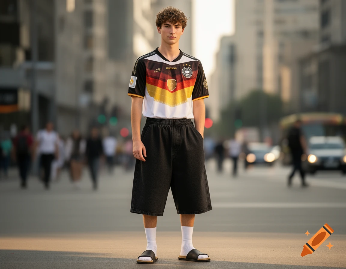 A young man with curly hair stands in the middle of a city street, wearing a black, red, and gold German soccer jersey, black baggy shorts, white socks, and black slides.