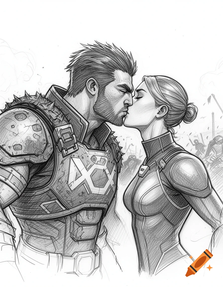 Sketch of a man in spiked armor kissing a woman in a sleek suit, with a battlefield faintly in the background.