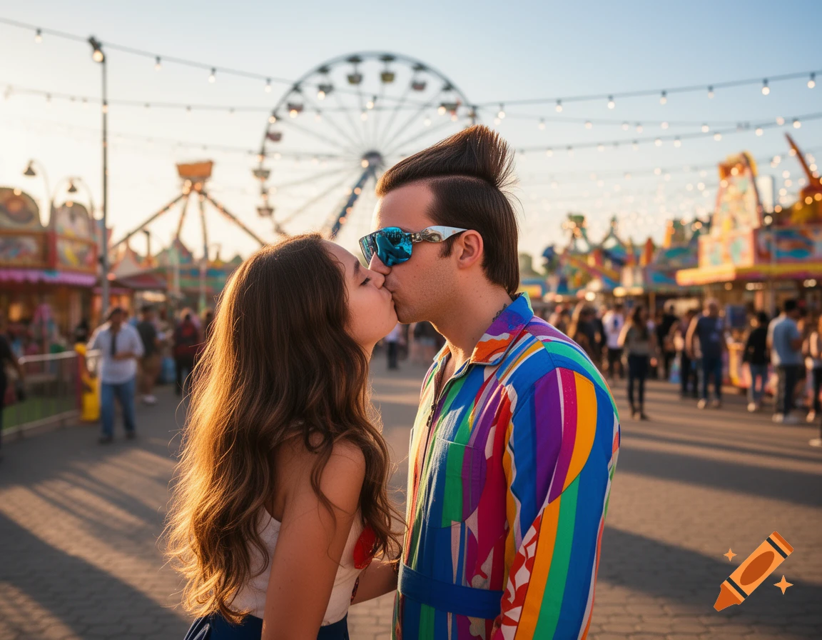 Photorealistic image of a couple kissing at a lively fair with a Ferris wheel in the background.