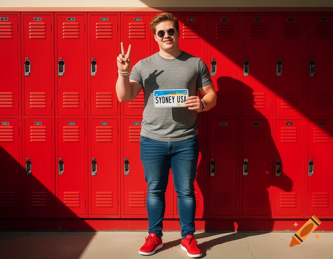 A man in sunglasses, a grey t-shirt, jeans, and red sneakers stands in front of red lockers, holding a "SYDNEY USA" license plate and making a peace sign.