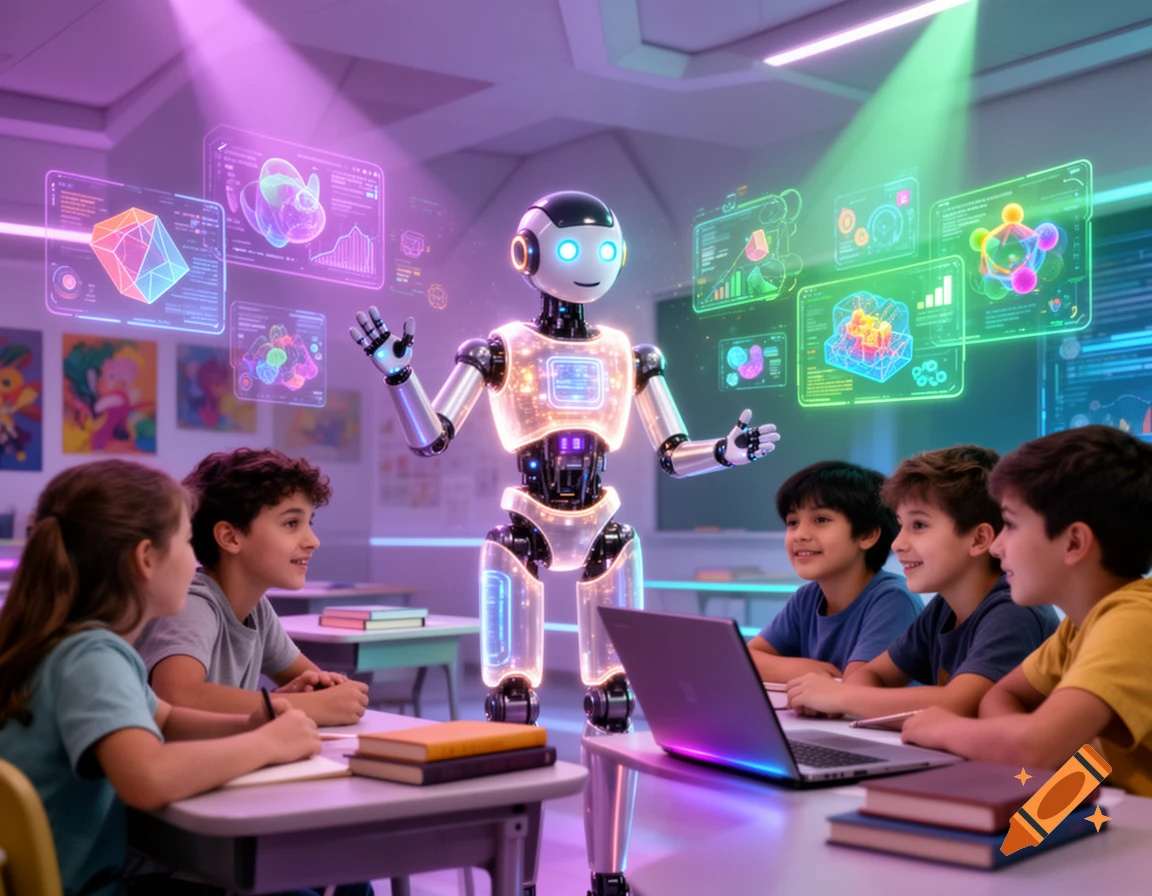 A friendly AI robot teaches children in a modern classroom with holographic data displays, books, and a laptop, in a futuristic, colorful digital art style.