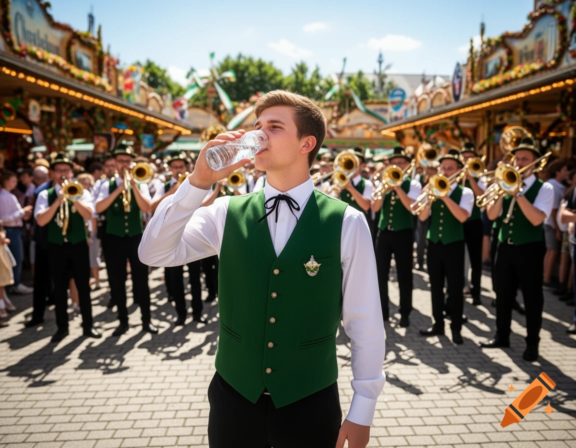 A young man in a green vest and white shirt drinks from a water bottle at a sunny outdoor festival, with a brass band in the background.