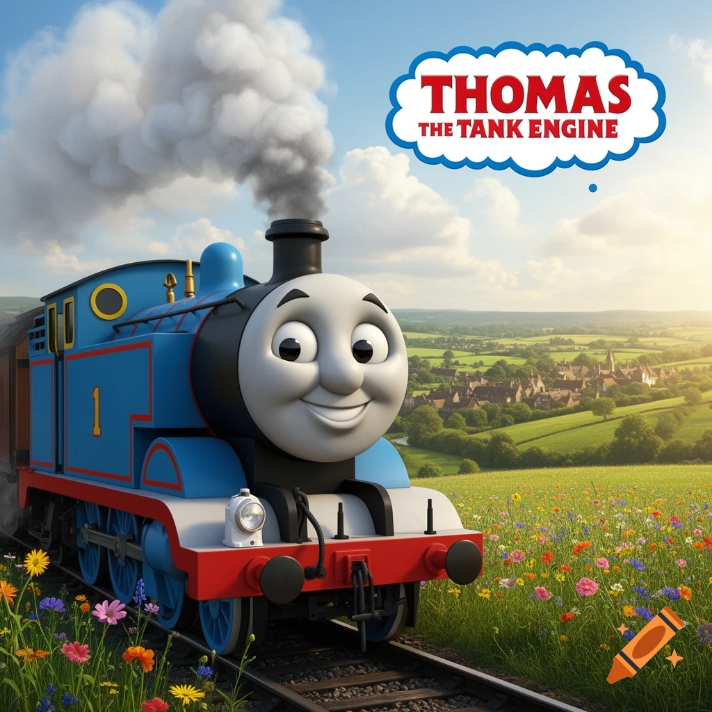 Thomas the Tank Engine on train tracks through a colorful wildflower field, with a village and green hills in the background under a sunny sky. Text in a speech bubble reads "THOMAS THE TANK ENGINE".