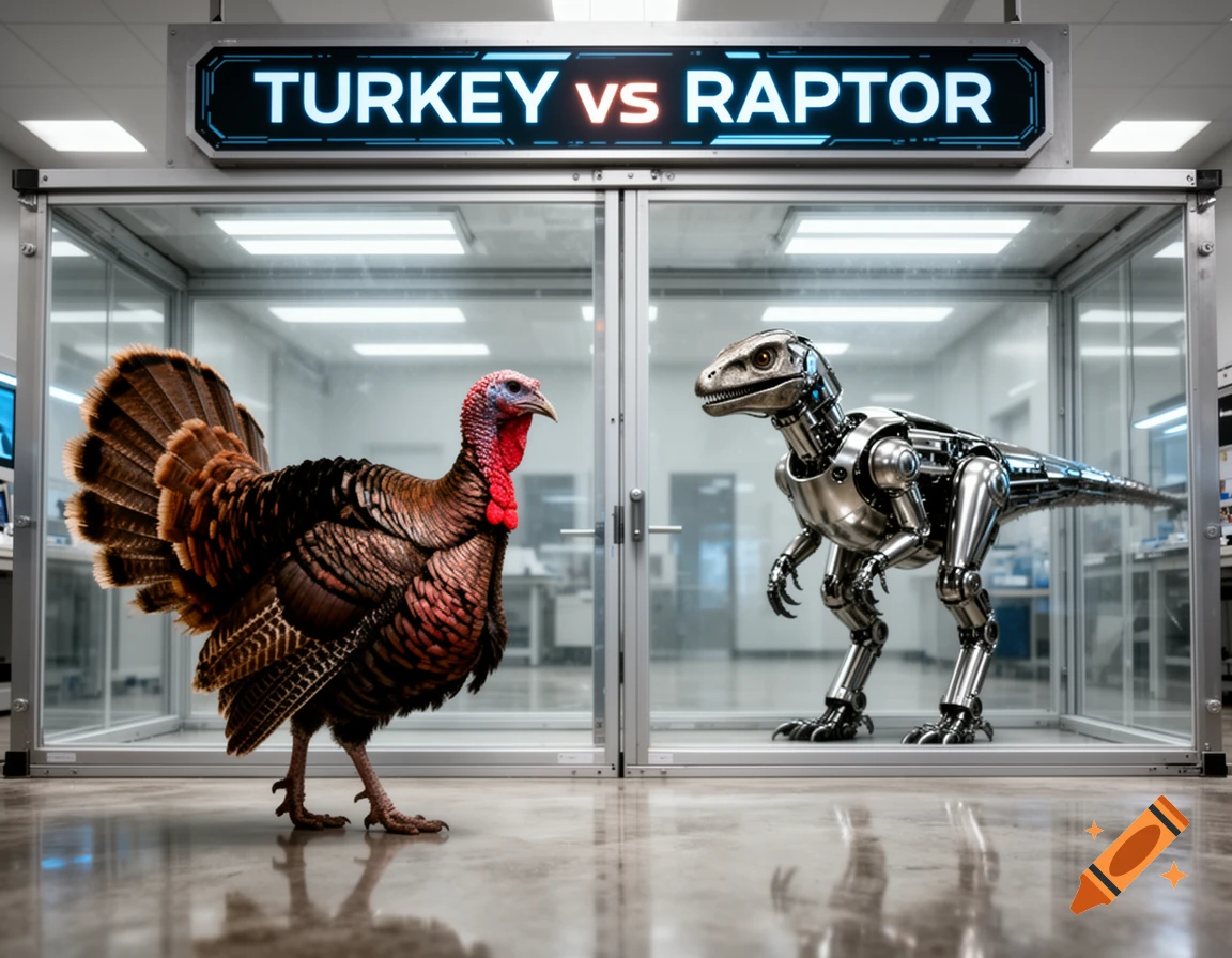A photorealistic image of a turkey standing outside a glass enclosure while a metallic robotic raptor stands inside. Above them, a sign reads "TURKEY VS RAPTOR".