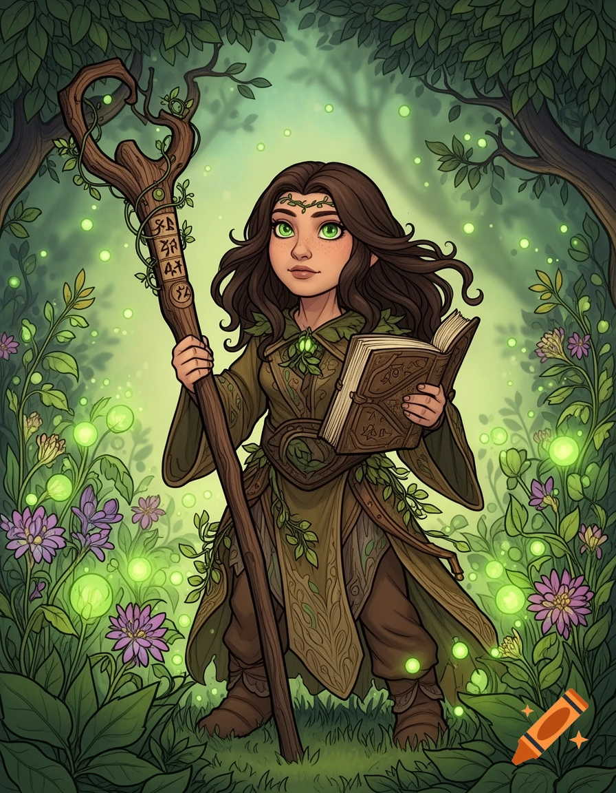 A comic-style illustration of a female halfling druid with dark brown hair and green eyes, holding a staff and a book, standing in a magical forest.